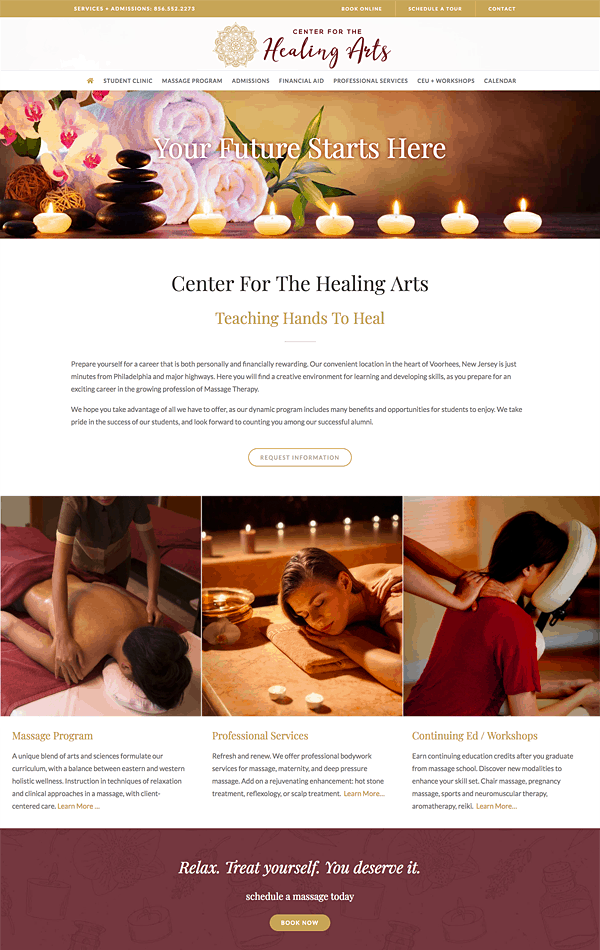 web design for massage therapy website Center for the Healing Arts website